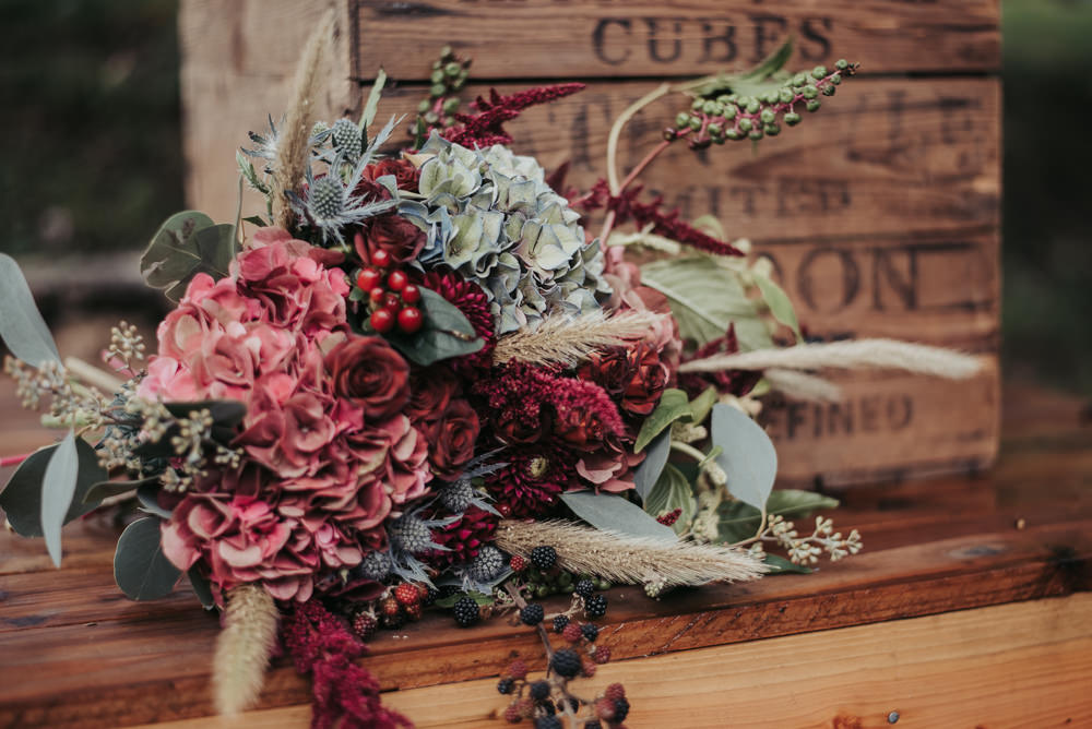 Bouquet Flowers Bride Bridal Hydrangea Burgundy Thistle Eco Friendly Wedding Inspiration Sarah Jayne Photography