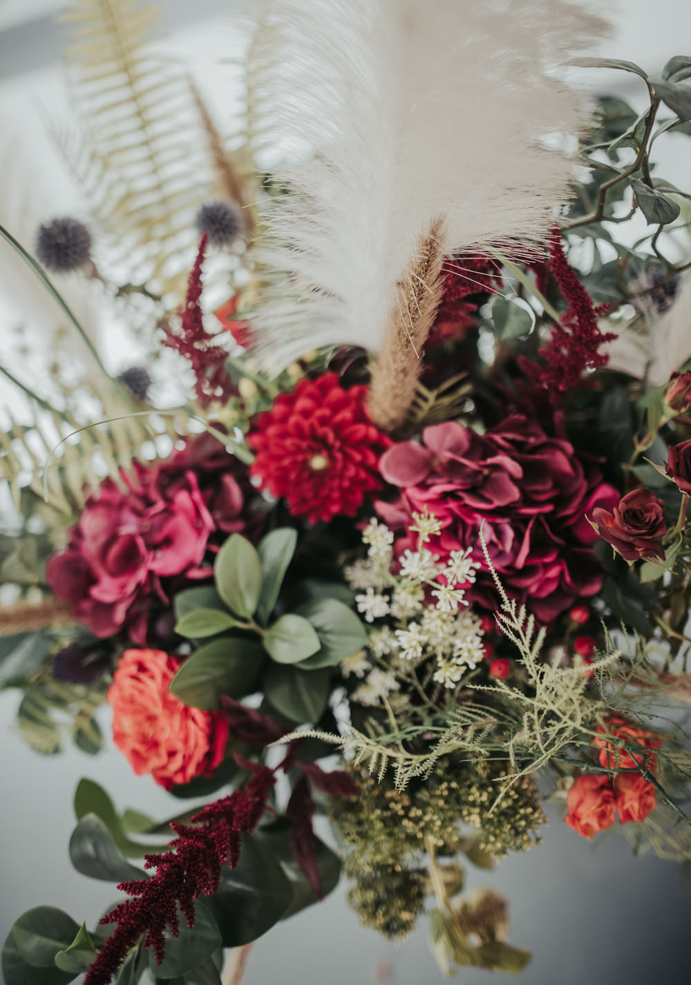 Bouquet Flowers Bride Bridal Hydrangea Burgundy Thistle Dahlia Feather Eco Friendly Wedding Inspiration Sarah Jayne Photography
