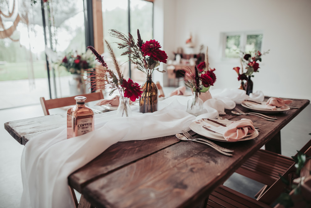 Tablescape Table Decor Flowers Red Blush Bottles Runner Eco Friendly Wedding Inspiration Sarah Jayne Photography