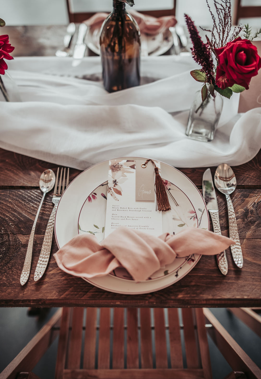 Pink Floral Napkin Place Name Tassel Napkin Knot Eco Friendly Wedding Inspiration Sarah Jayne Photography