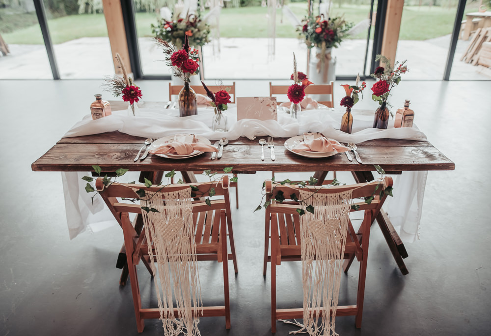 Tablescape Table Decor Flowers Red Blush Bottles Runner Macrame Chair Backs Eco Friendly Wedding Inspiration Sarah Jayne Photography