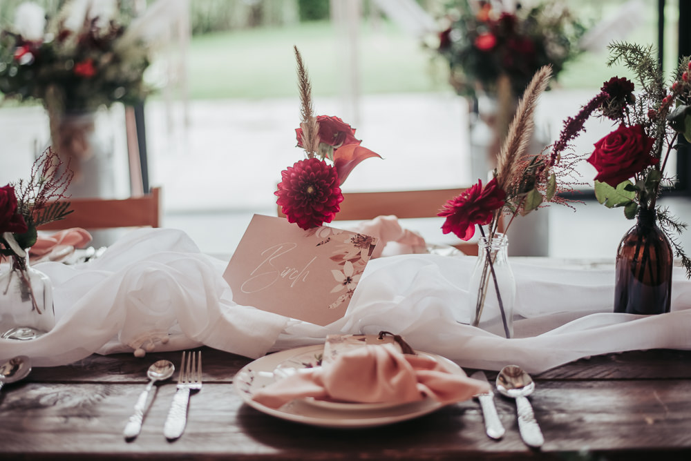 Tablescape Table Decor Flowers Red Blush Bottles Runner Eco Friendly Wedding Inspiration Sarah Jayne Photography