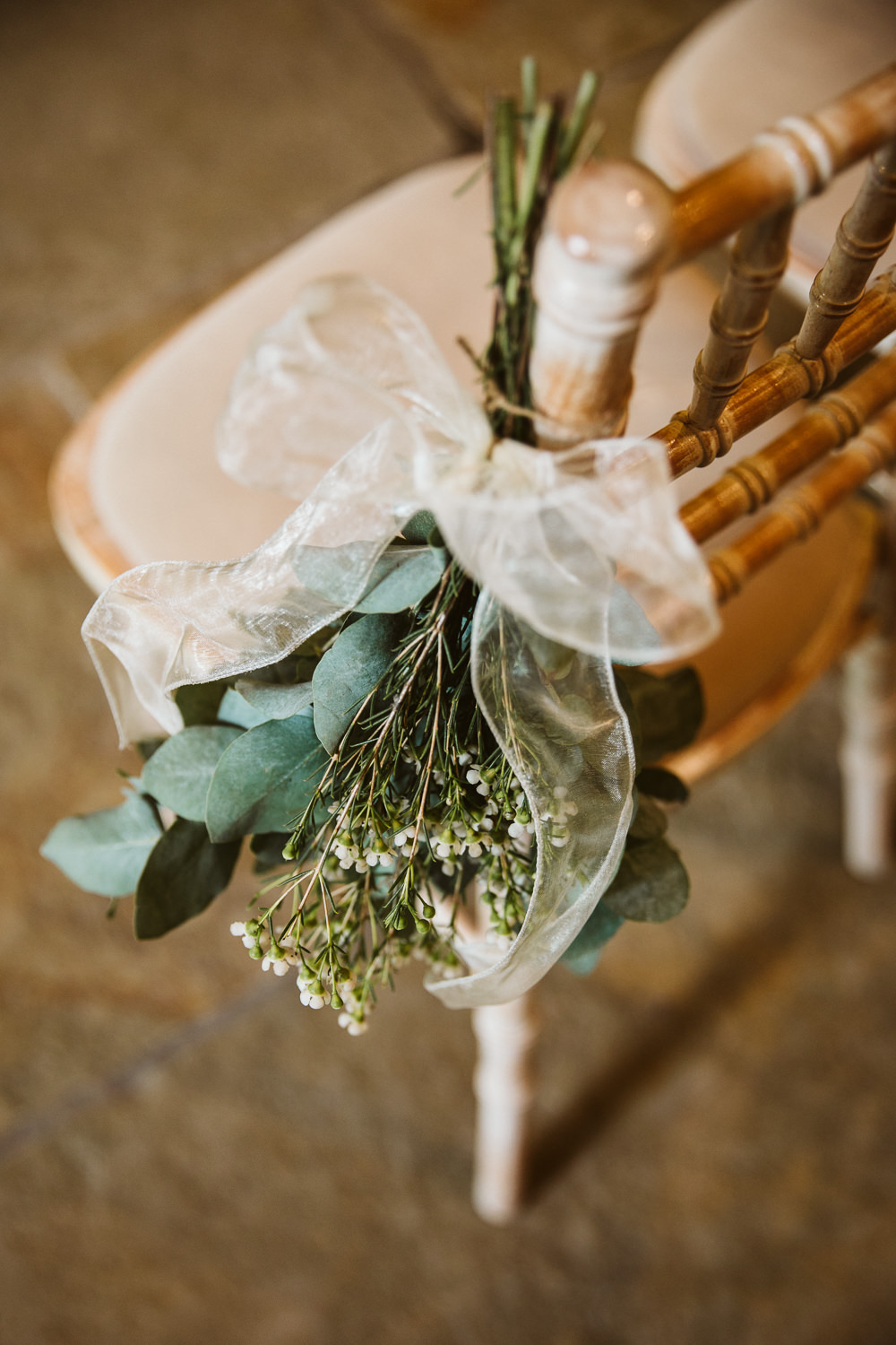 Eucalyptus Flowers Pew End Chairs Aisle Eden Barn Wedding Margarita Hope Photography