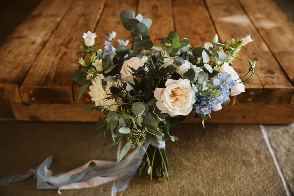 Bouquet Flowers Bride Bridal Rose Eucalyptus Blue Delphinium Eden Barn Wedding Margarita Hope Photography