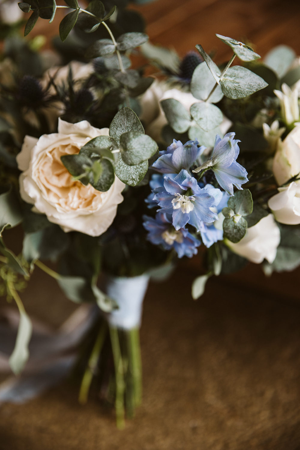 Bouquet Flowers Bride Bridal Rose Eucalyptus Blue Delphinium Eden Barn Wedding Margarita Hope Photography