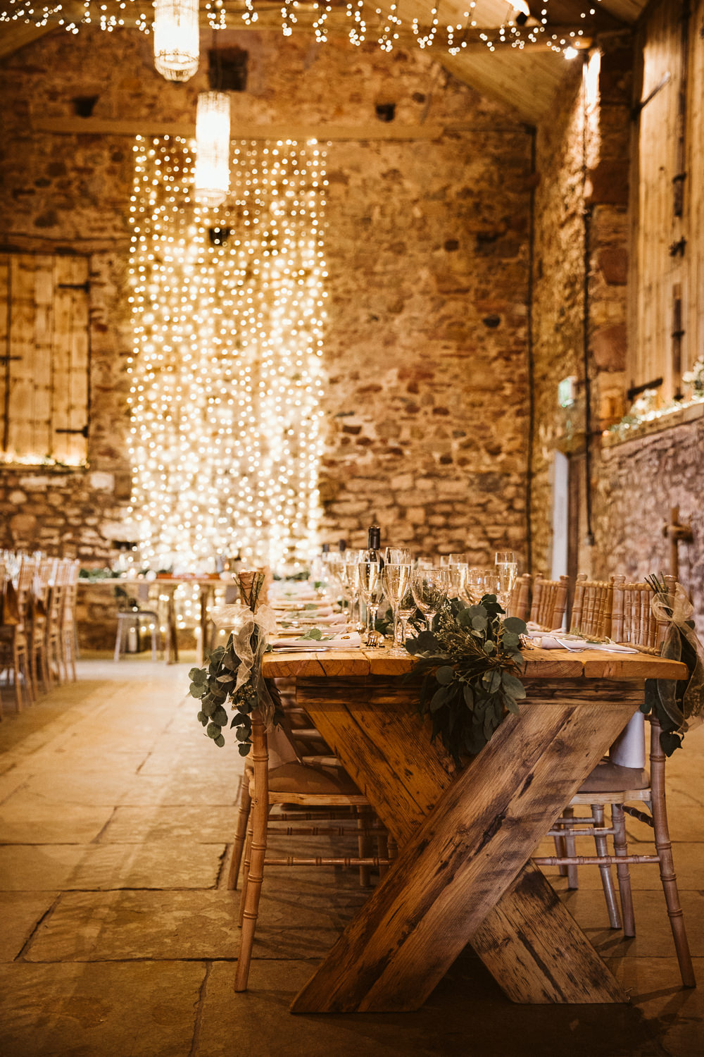 Long Table Greenery Foliage Garland Runner Fairy Light Curtrain Backdrop Eden Barn Wedding Margarita Hope Photography