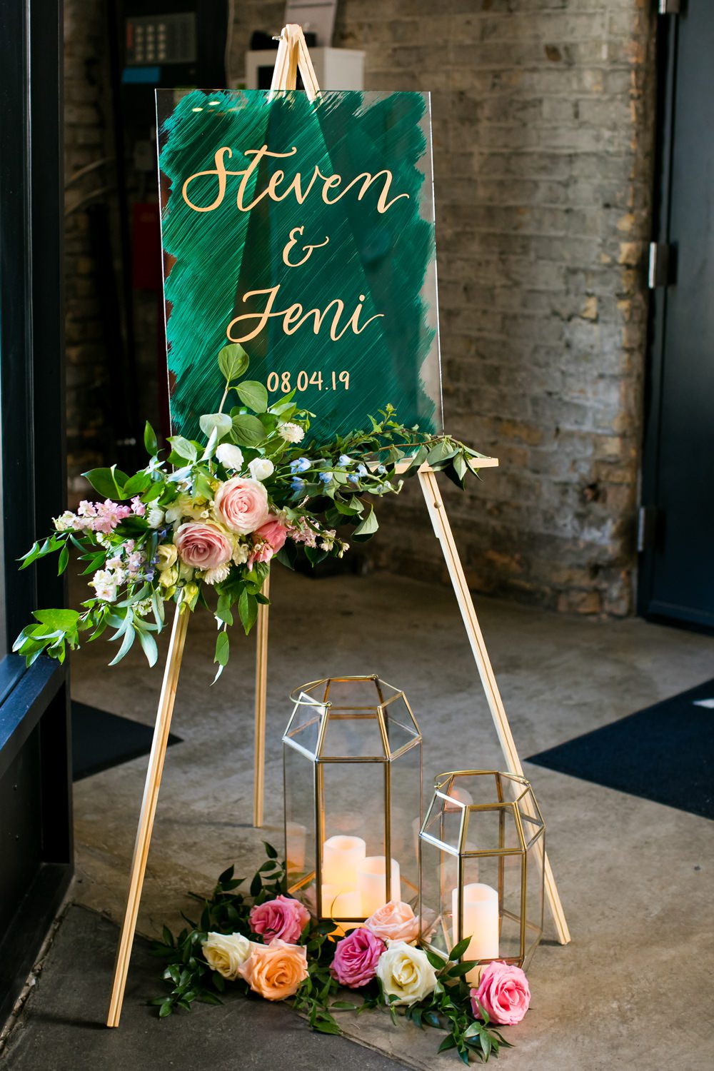 Green Gold Acrylic Perspex Clear Calligraphy Sign Signs Signage Floral Minneapolis Wedding Jeannine Marie Photography