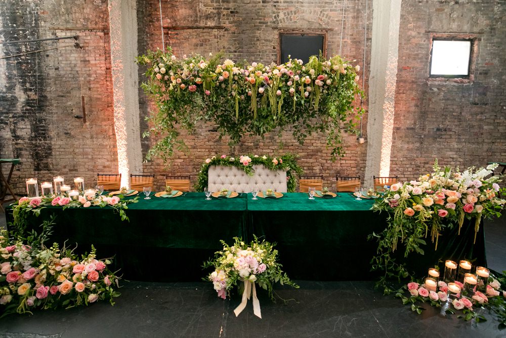 Top Table Centrepiece Suspended Hanging Meadow Flowers Pink Oversized Large Peony Peonies Rose Foliage Greenery Floral Minneapolis Wedding Jeannine Marie Photography