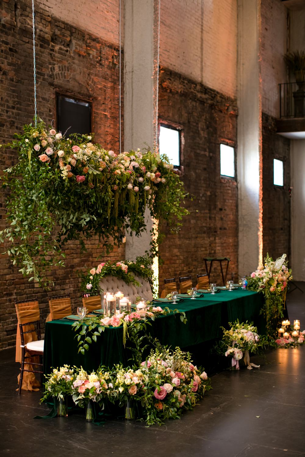 Top Table Centrepiece Suspended Hanging Meadow Flowers Pink Oversized Large Peony Peonies Rose Foliage Greenery Floral Minneapolis Wedding Jeannine Marie Photography
