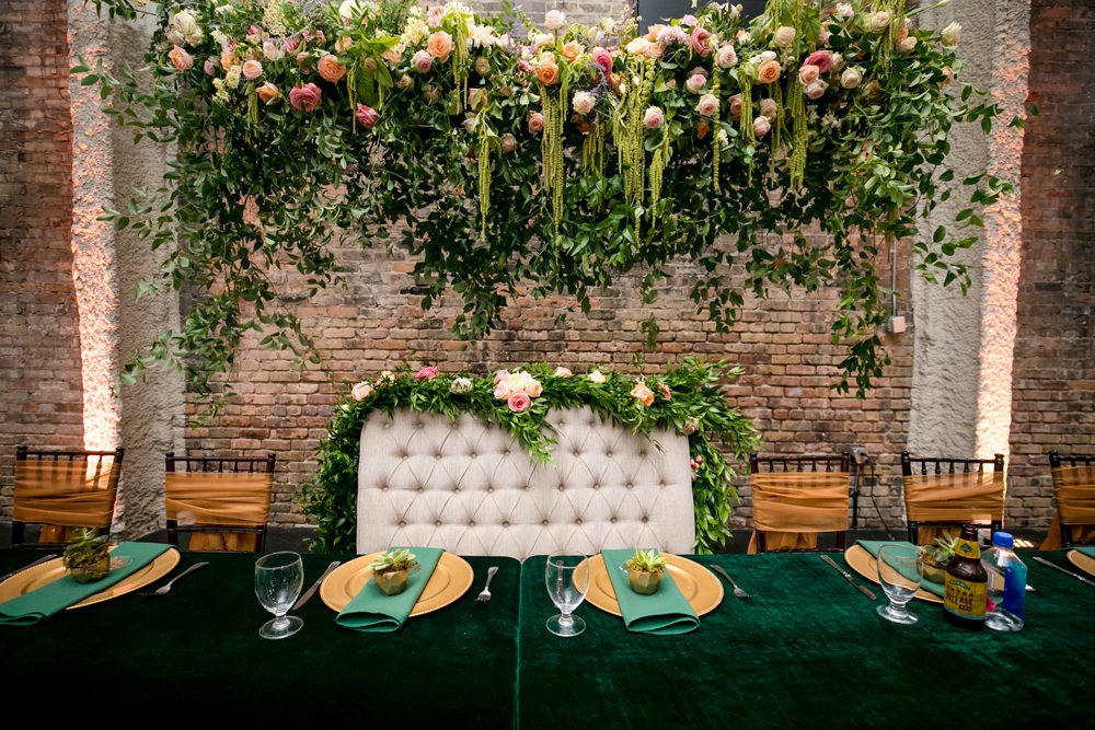 Top Table Centrepiece Suspended Hanging Meadow Flowers Pink Oversized Large Peony Peonies Rose Foliage Greenery Floral Minneapolis Wedding Jeannine Marie Photography