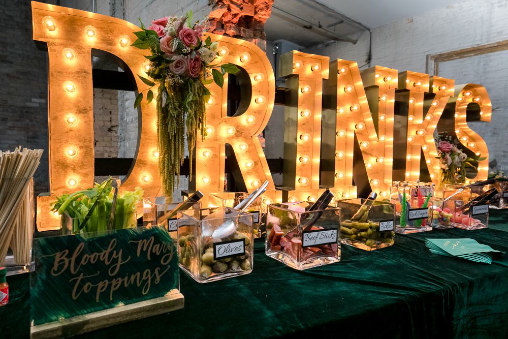 Drinks Station Bar Lights Floral Minneapolis Wedding Jeannine Marie Photography