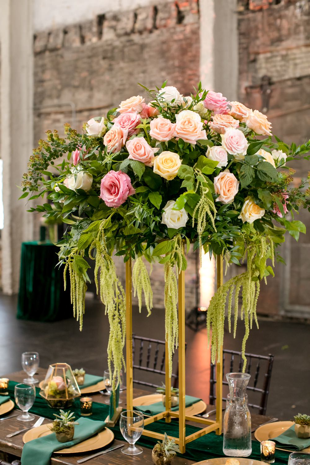 Tall Centrepiece Flowers Pink Oversized Large Peony Peonies Rose Foliage Greenery Floral Minneapolis Wedding Jeannine Marie Photography