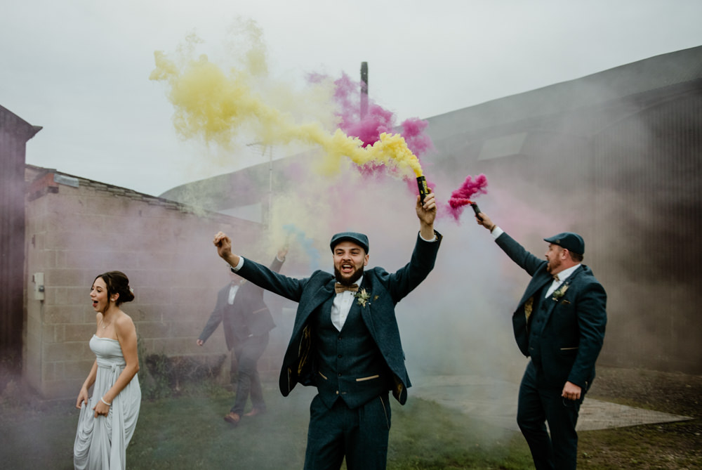 Groom Groomsmen Suit Tweed Bow Tie Flat Caps Fun Barn Wedding Kazooieloki Photography Smoke Bomb Photo Portrait Photographs