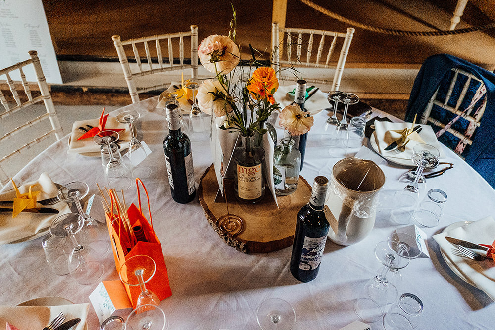 Centrepiece Decor Table Log Slice Flowers Bottles Hookhouse Farm Wedding Anna Pumer Photography