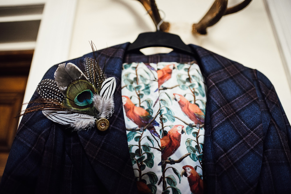 Bride Jacket Feather Buttonhole Longton Wood Wedding Alex Tenters Photography