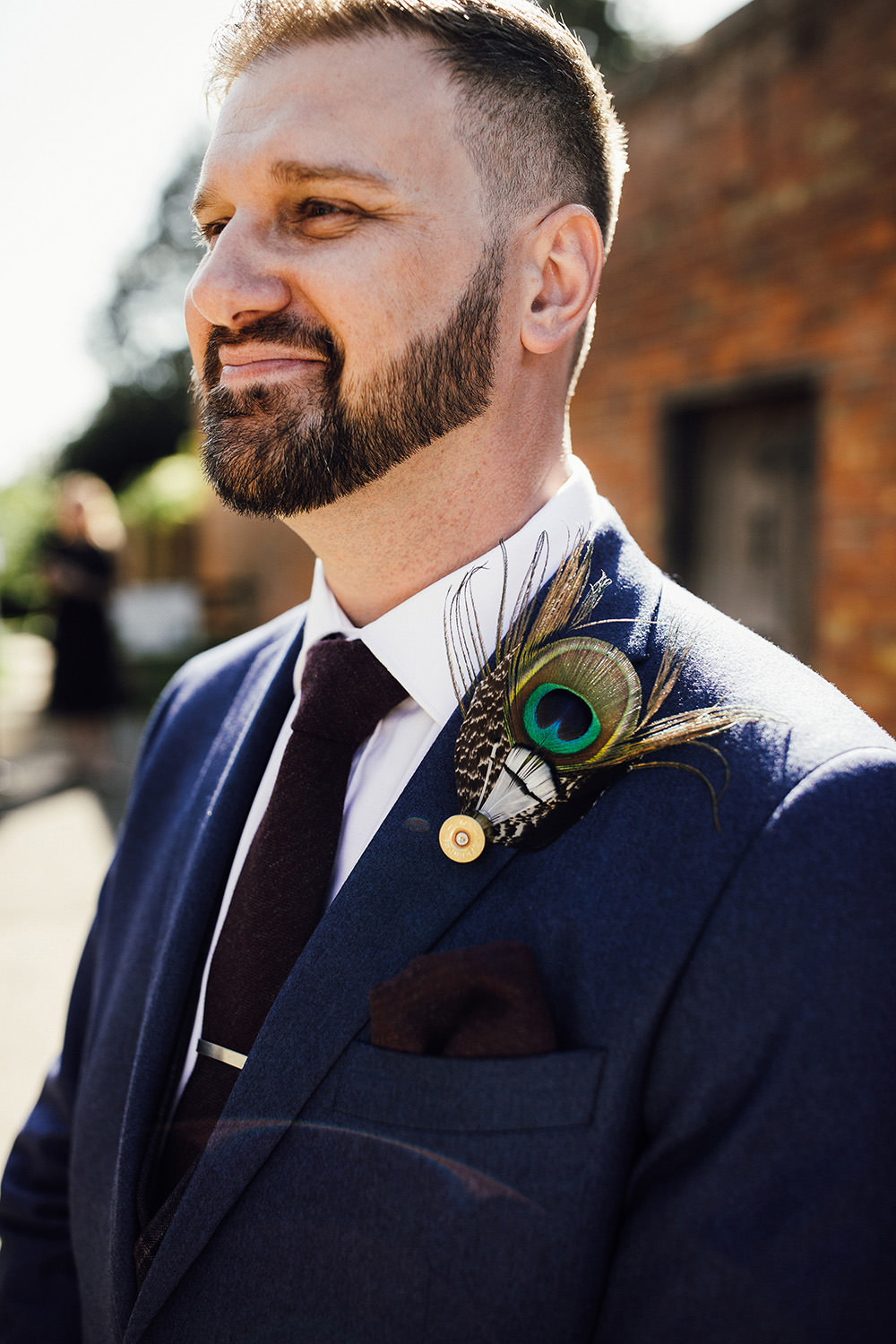 Groom Suit Feather Buttonhole Groomsmen Navy Blue Longton Wood Wedding Alex Tenters Photography