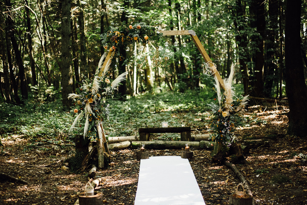 Flower Arch Hexagon Backdrop Ceremony Aisle Flowers Longton Wood Wedding Alex Tenters Photography