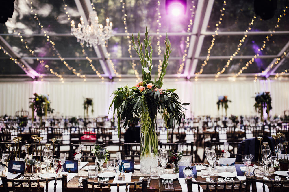 Clear Marquee Fairy Lights Tall Flower Arrangements Longton Wood Wedding Alex Tenters Photography