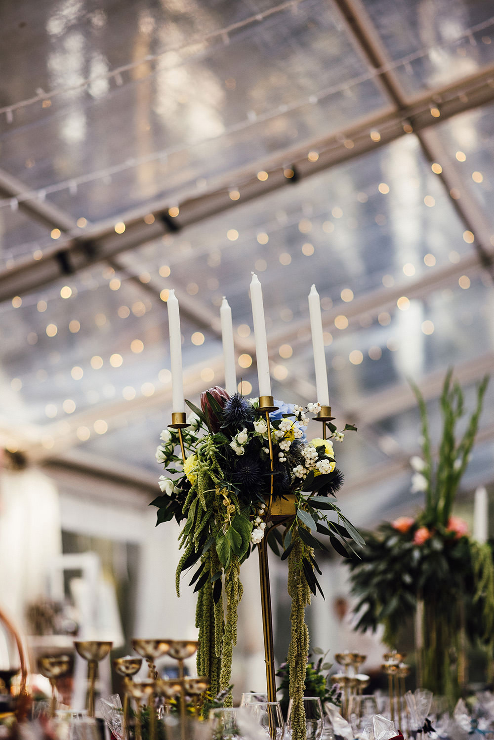 Clear Marquee Fairy Lights Tall Flower Arrangements Candles Longton Wood Wedding Alex Tenters Photography