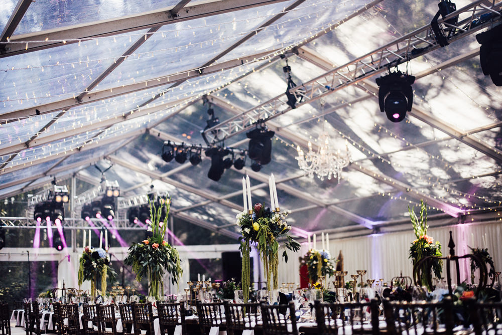 Clear Marquee Fairy Lights Tall Flower Arrangements Longton Wood Wedding Alex Tenters Photography