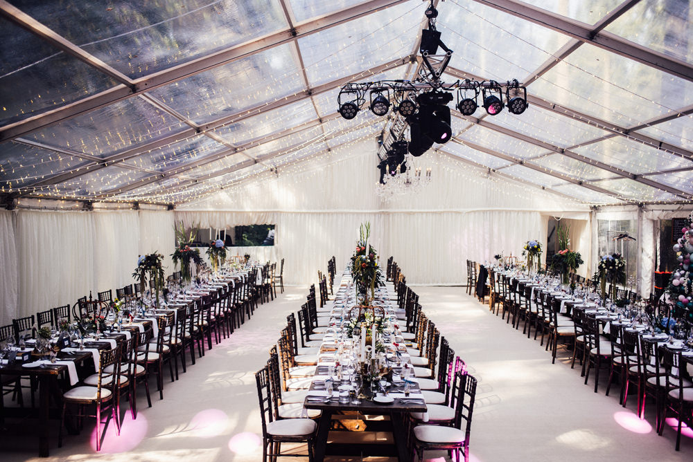 Clear Marquee Fairy Lights Tall Flower Arrangements Longton Wood Wedding Alex Tenters Photography