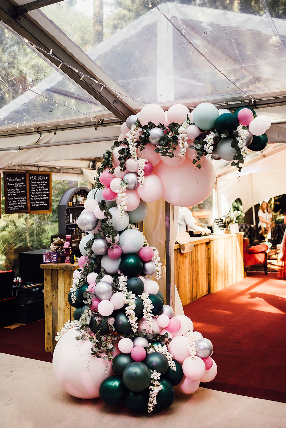 Balloon Arch Entrance Installation Pink Green Longton Wood Wedding Alex Tenters Photography