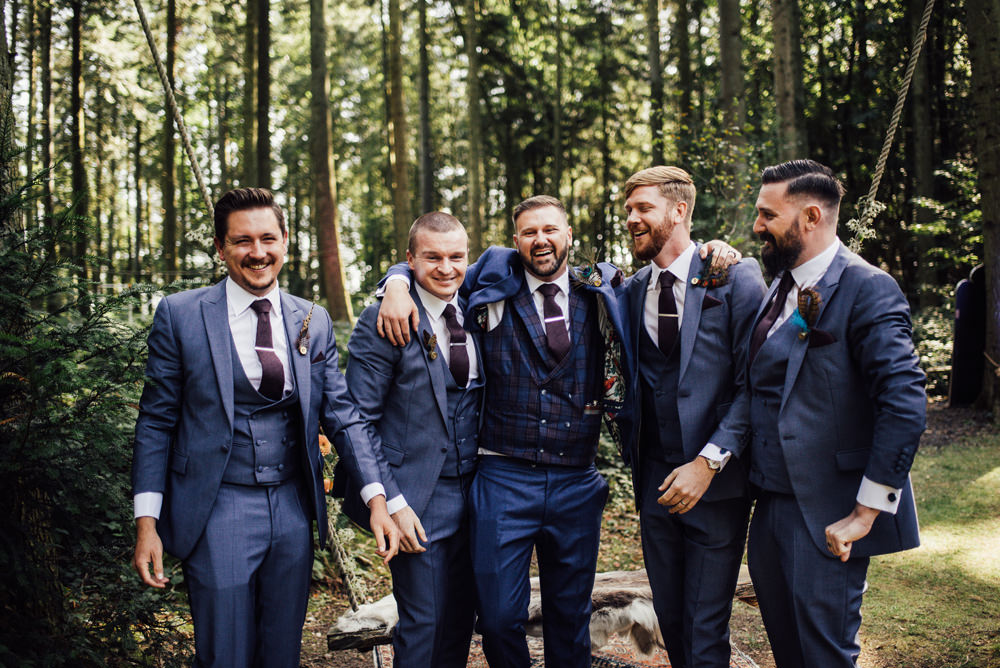Groom Suit Feather Buttonhole Groomsmen Navy Blue Longton Wood Wedding Alex Tenters Photography