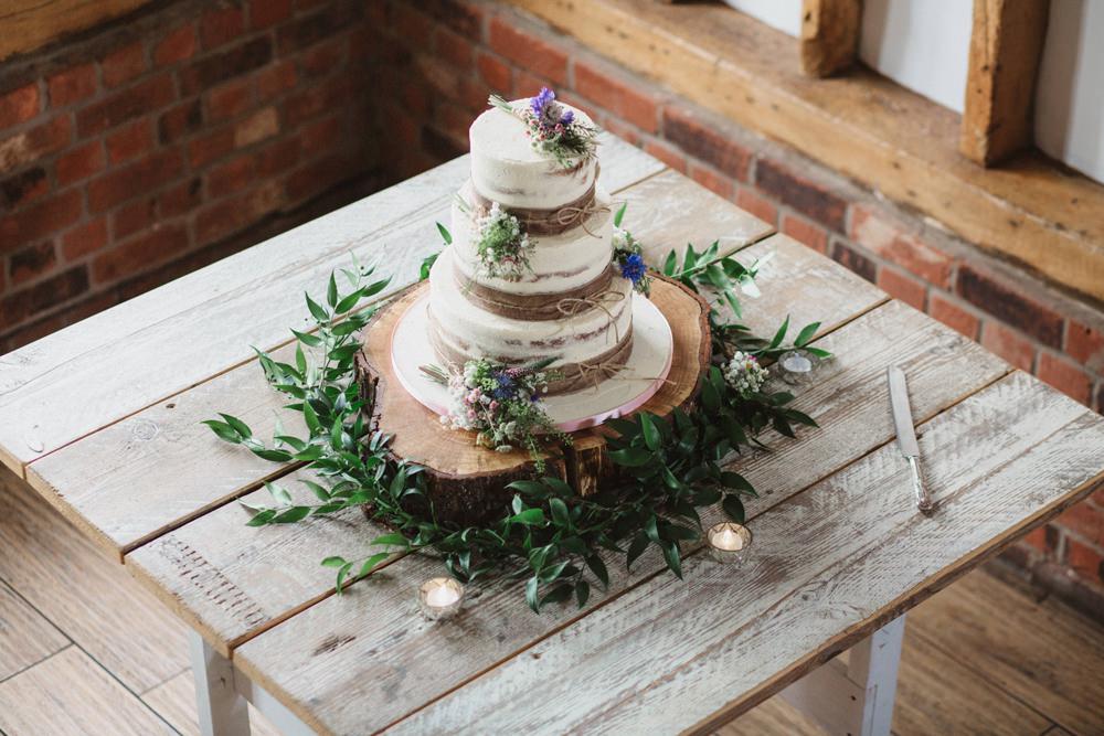 Semi Naked Cake Log Stand Greenery Foliage Milling Barn Wedding Hertfordshire Emily Tyler Photography