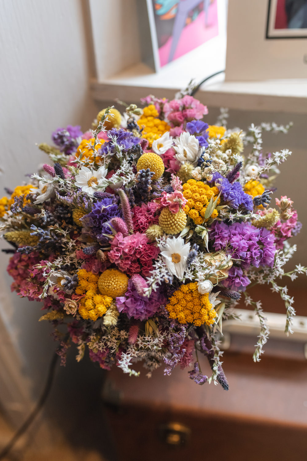 Dried Flower Bouquet Bride Bridal Colourful Northern Monk Brewery Wedding Lisa Howard Photography