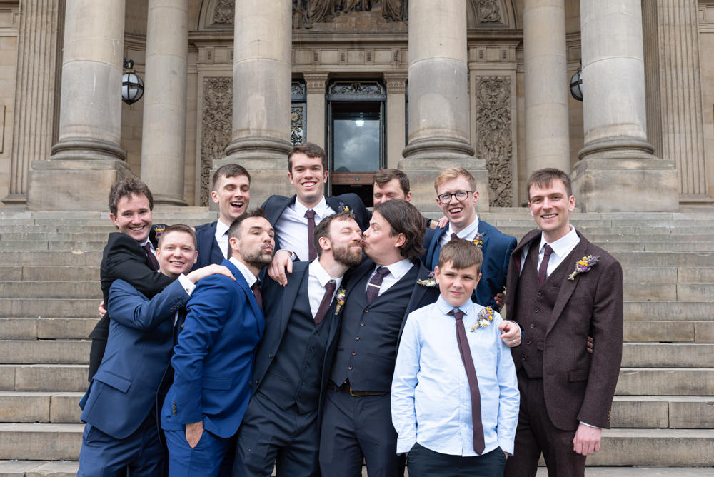 Groom Groomsmen Suit Navy Burgundy Tie Northern Monk Brewery Wedding Lisa Howard Photography