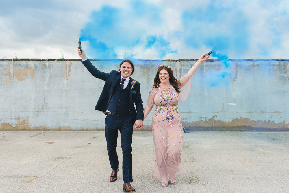 Northern Monk Brewery Wedding Lisa Howard Photography Smoke Bomb Photo Portrait Photographs Blue Purple