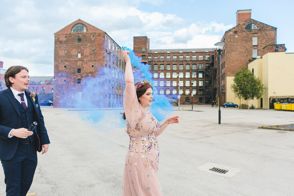 Northern Monk Brewery Wedding Lisa Howard Photography Smoke Bomb Photo Portrait Photographs Blue Purple
