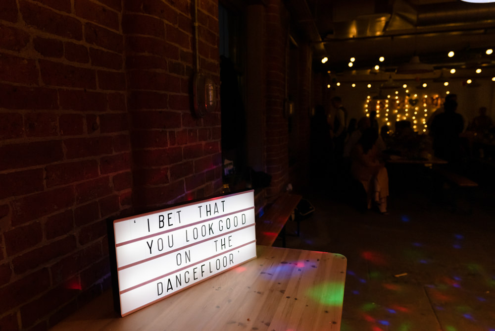 Dancefloor Sign Signs Northern Monk Brewery Wedding Lisa Howard Photography