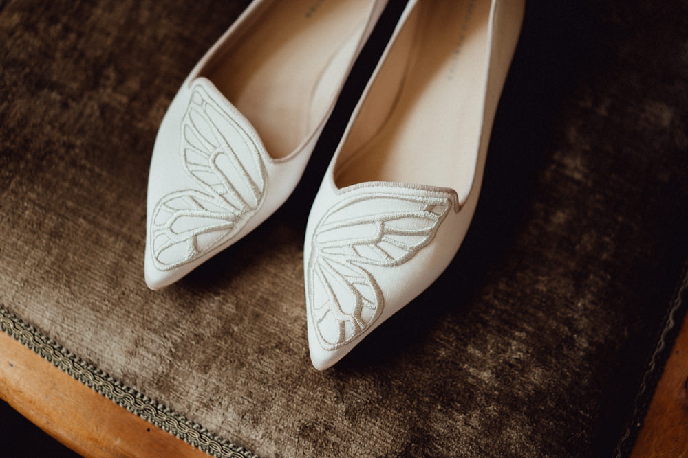 Butterfly Shoes Bride Bridal Priors Court Barn Wedding Emily & Steve Photography