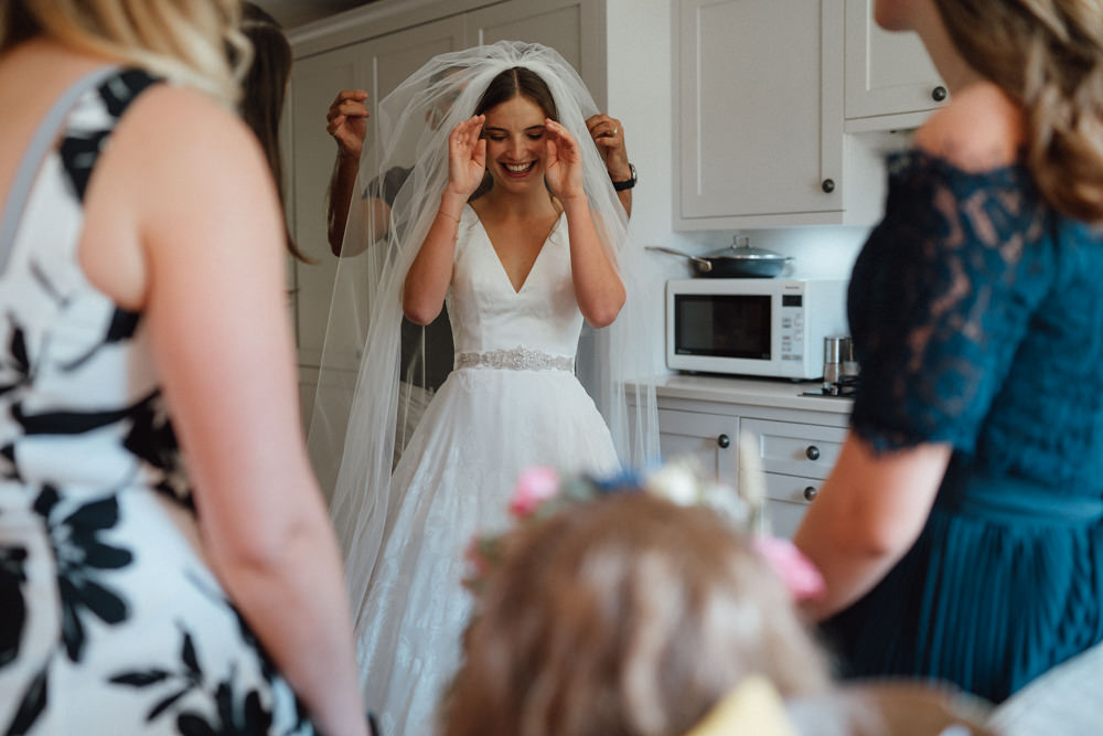 Dress Gown Bride Bridal Veil Suzanne Neville Tulle Priors Court Barn Wedding Emily & Steve Photography