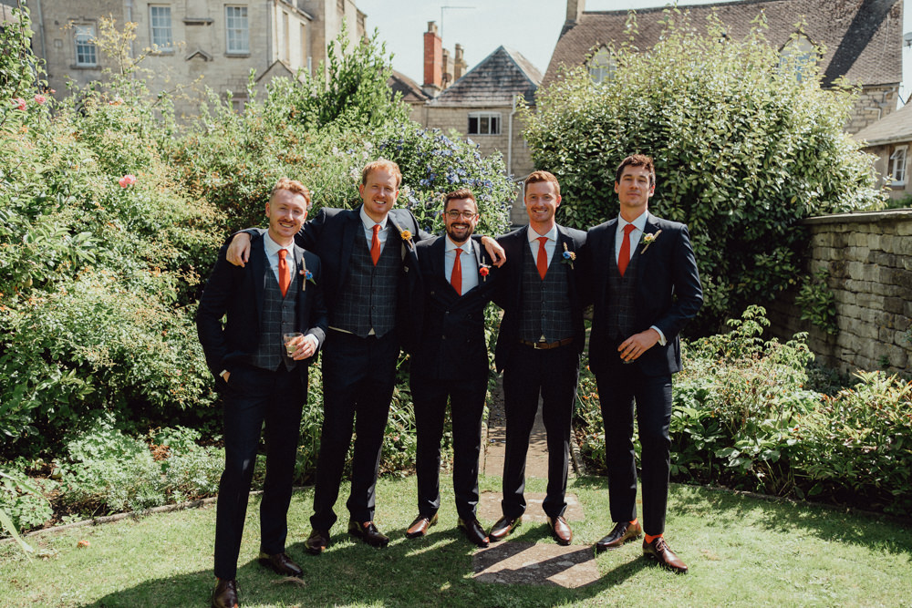 Groom Groomsmen Suits Orange TIe Priors Court Barn Wedding Emily & Steve Photography