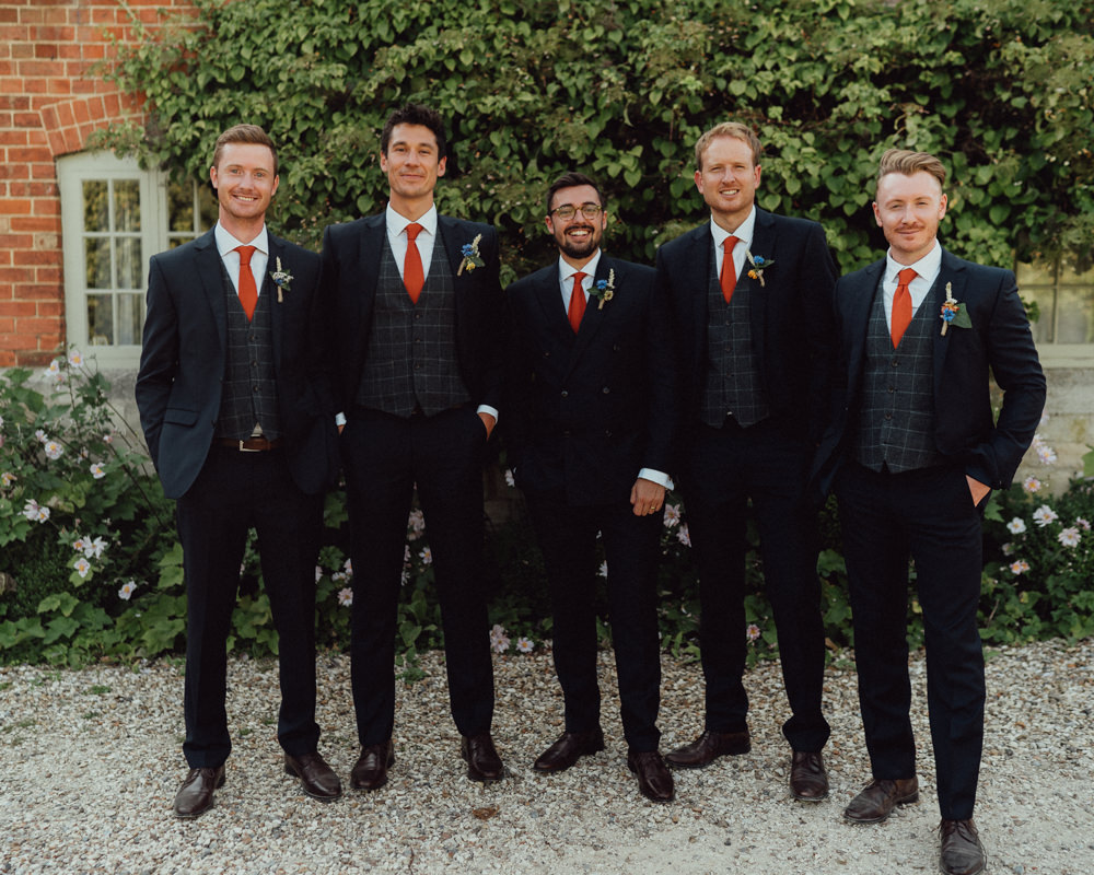 Groom Groomsmen Suits Orange TIe Priors Court Barn Wedding Emily & Steve Photography
