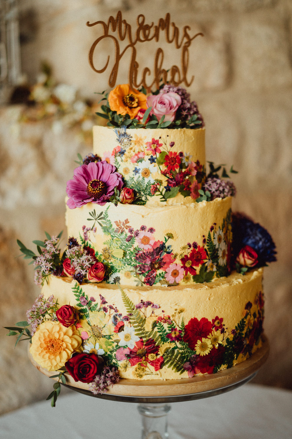 Petal Cake Edible Flowers Floral Buttercream Priors Court Barn Wedding Emily & Steve Photography