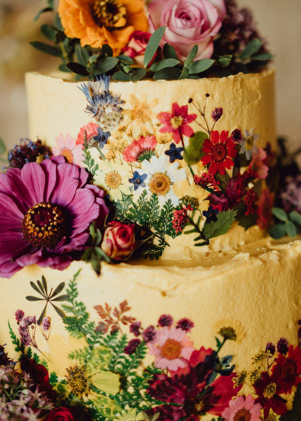 Petal Cake Edible Flowers Floral Buttercream Priors Court Barn Wedding Emily & Steve Photography