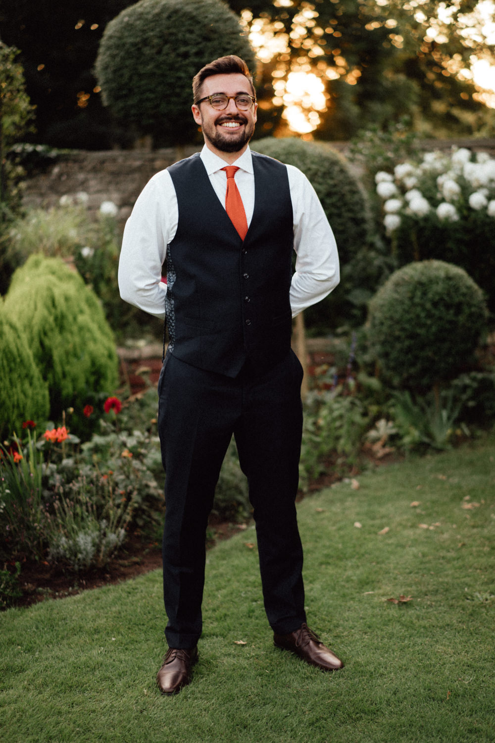 Groom Groomsmen Suits Orange TIe Priors Court Barn Wedding Emily & Steve Photography