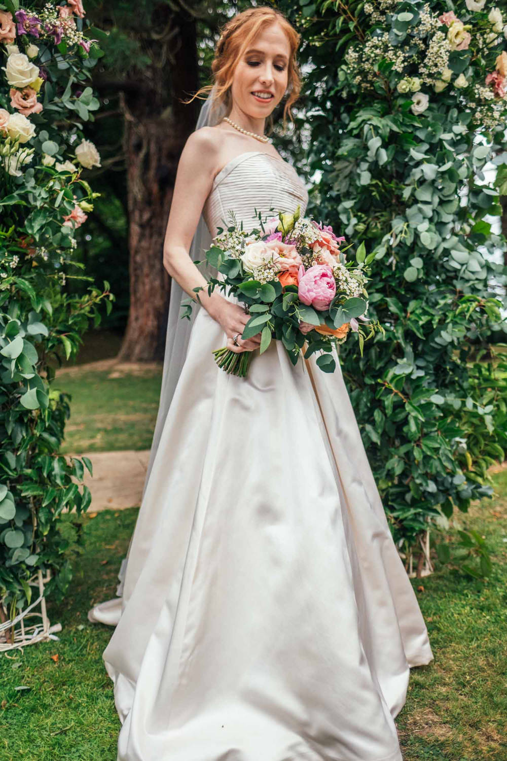 Bride Bridal Dress Gown Strapless Veil Flower Arch Backdrop Tinakilly Country House Wedding Conor Brennan Photography