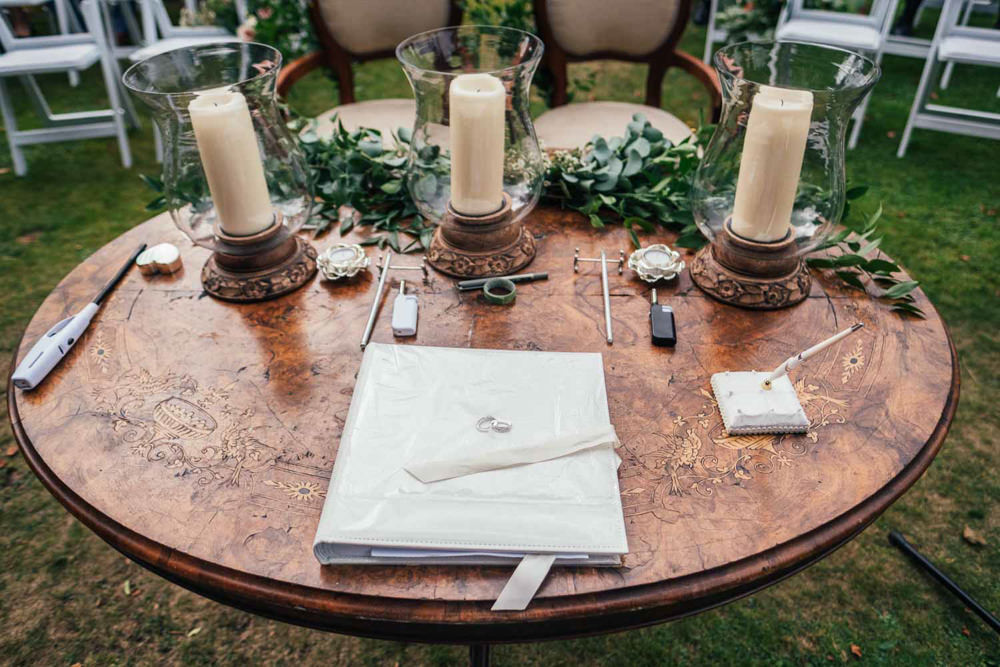 Ceremony Table Candless Foliage Greenery Tinakilly Country House Wedding Conor Brennan Photography