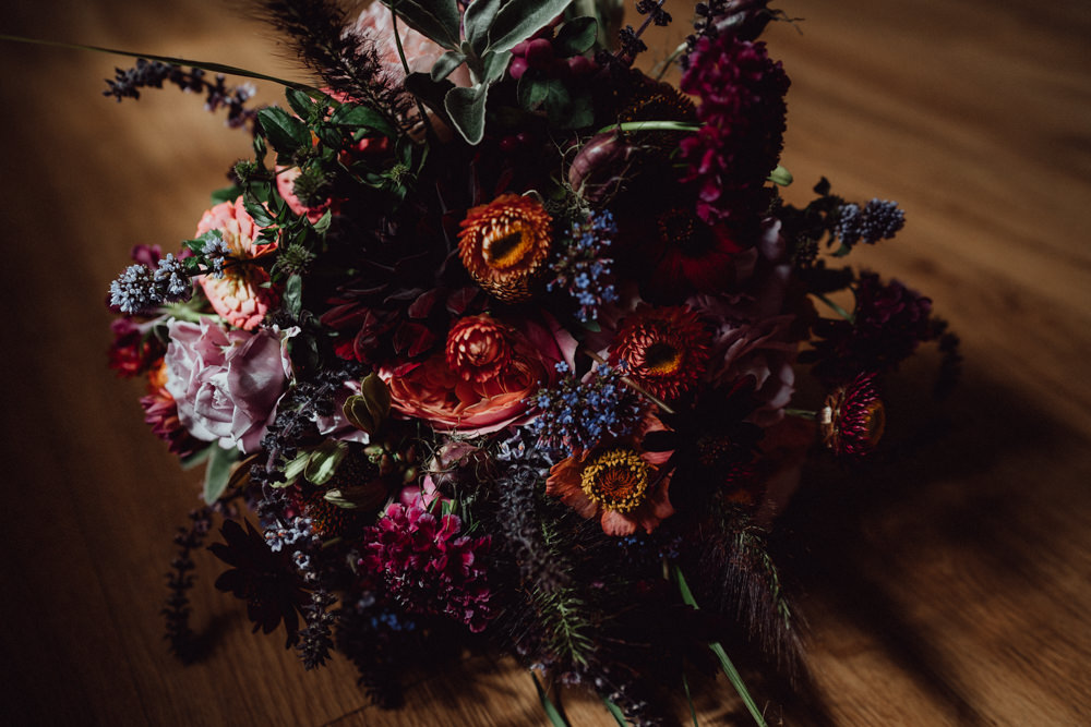 Bouquet Flowers Bride Bridal Dahlia Rose Burgundy Coral Ufton Court Wedding Emily & Steve Photography