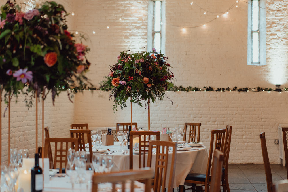 Tall Flowers Flower Arrangement Dahlia Rose Burgundy Coral Centrepiece Ufton Court Wedding Emily & Steve Photography