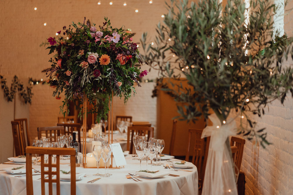 Tall Flowers Flower Arrangement Dahlia Rose Burgundy Coral Centrepiece Ufton Court Wedding Emily & Steve Photography