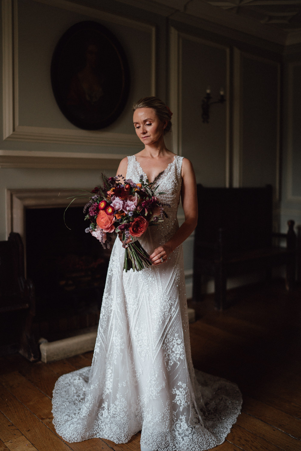 Dress Gown Bride Bridal Embellished A Line Beaded Train Tara Keely Lazaro Ufton Court Wedding Emily & Steve Photography
