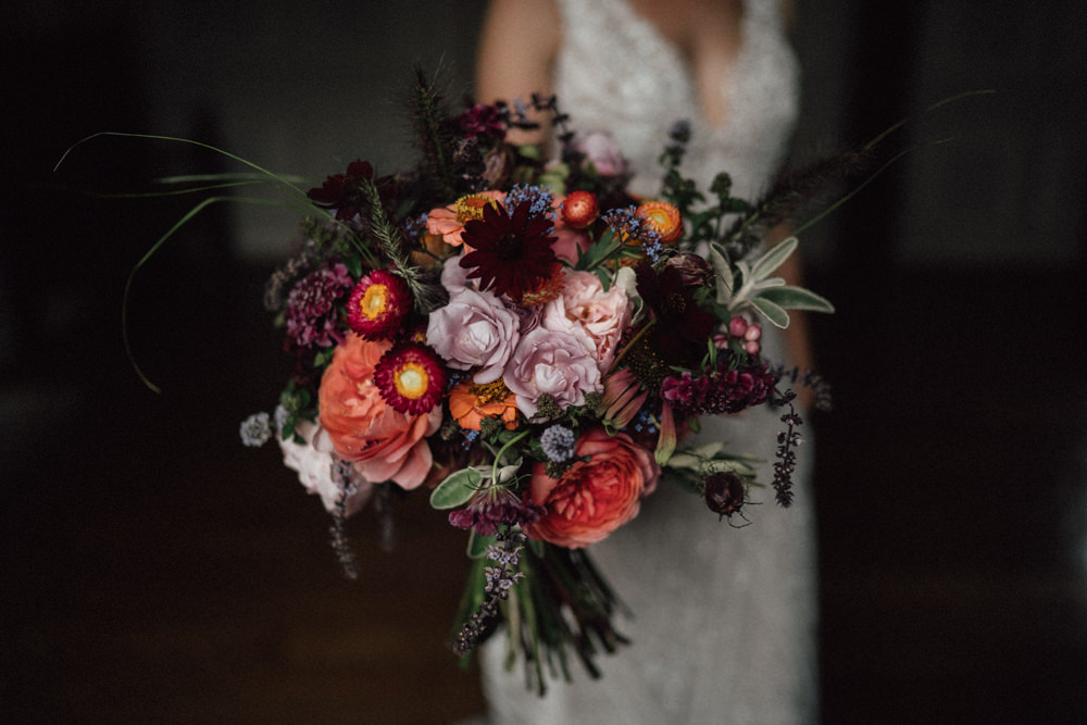 Bouquet Flowers Bride Bridal Dahlia Rose Burgundy Coral Ufton Court Wedding Emily & Steve Photography