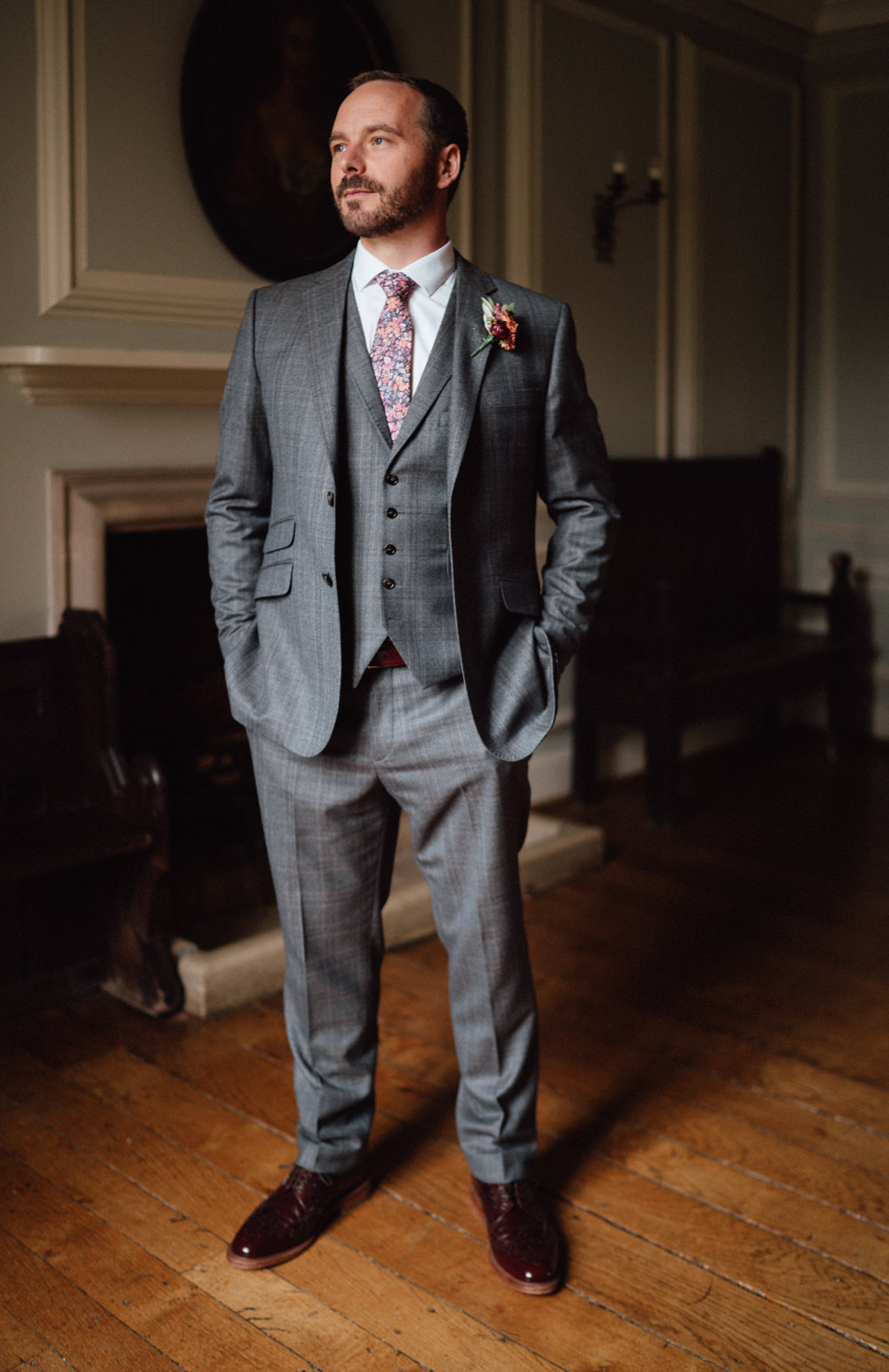 Groom Suit Grey Floral Tie Ufton Court Wedding Emily & Steve Photography