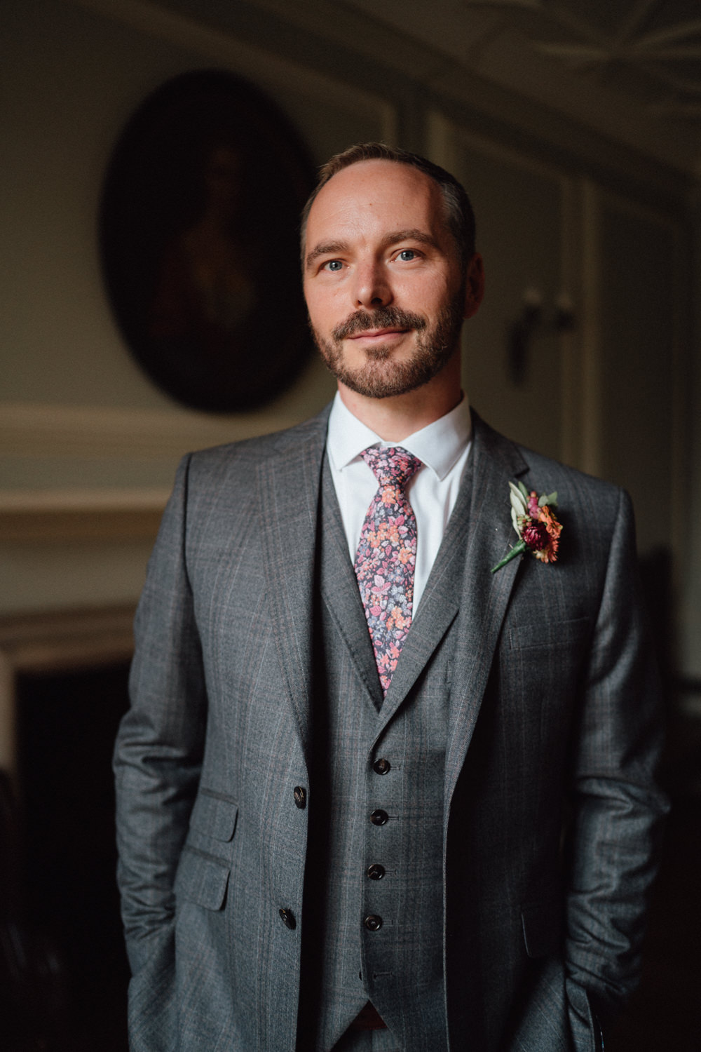 Groom Suit Grey Floral Tie Ufton Court Wedding Emily & Steve Photography