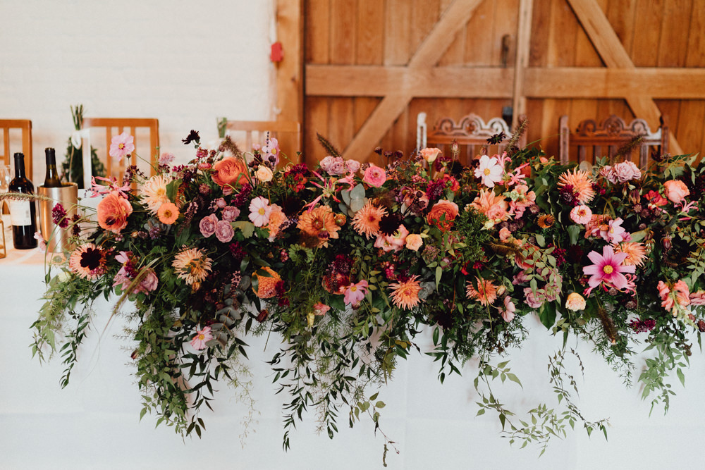 Tall Flowers Flower Arrangement Dahlia Rose Burgundy Coral Top Table Ufton Court Wedding Emily & Steve Photography